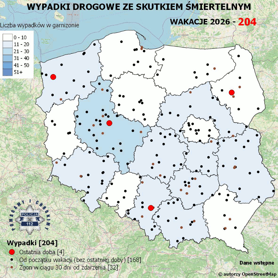 Mapa prezentująca liczbę wypadków poprzedniej doby w Polsce. Prezentowane dane są dostępne w tekście poniżej.